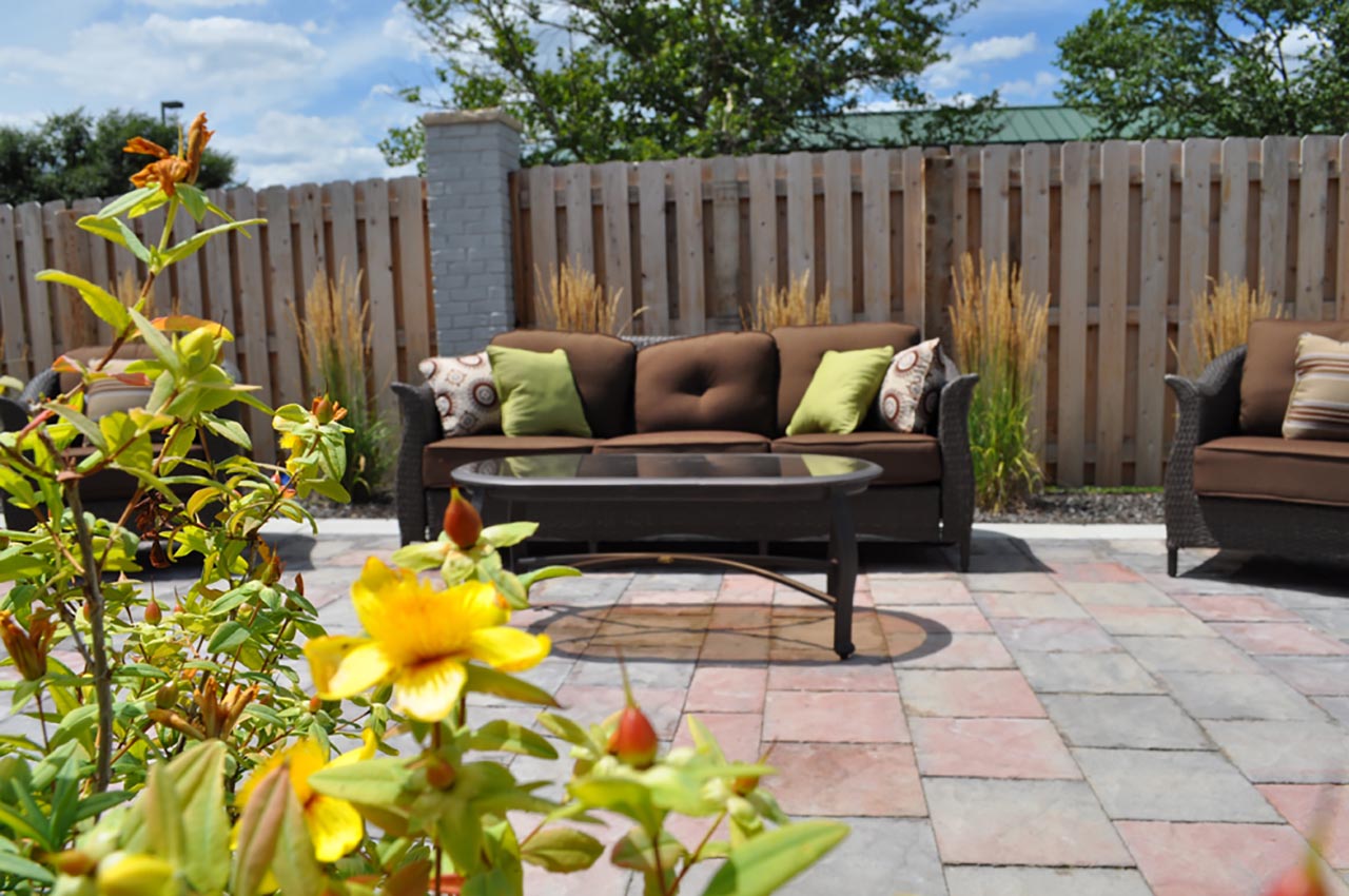 outdoor patio with comfortable benches